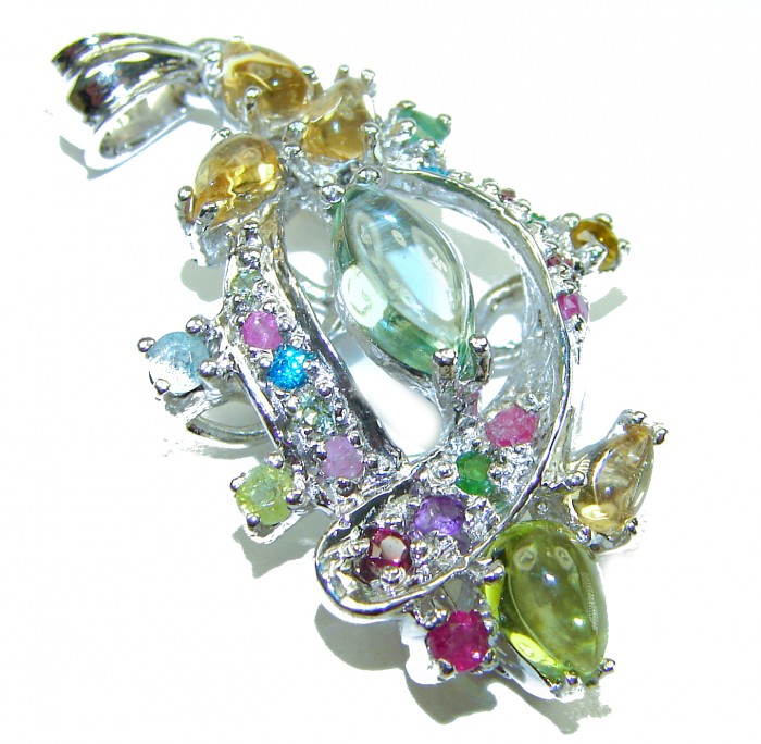 Mystery 12.6 carat Green Amethyst Peridot Citrine Sapphire .925 Sterling Silver handcrafted pendant - Colorful gemstone pendant side view with green amethyst and citrine.