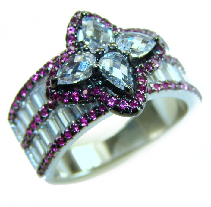 Art Deco Carmen Natural 11.4 carat Ruby .925 Sterling Silver Statement Ring size 7 - Close-up of Art Deco ring with rubies and clear stones in sterling silver