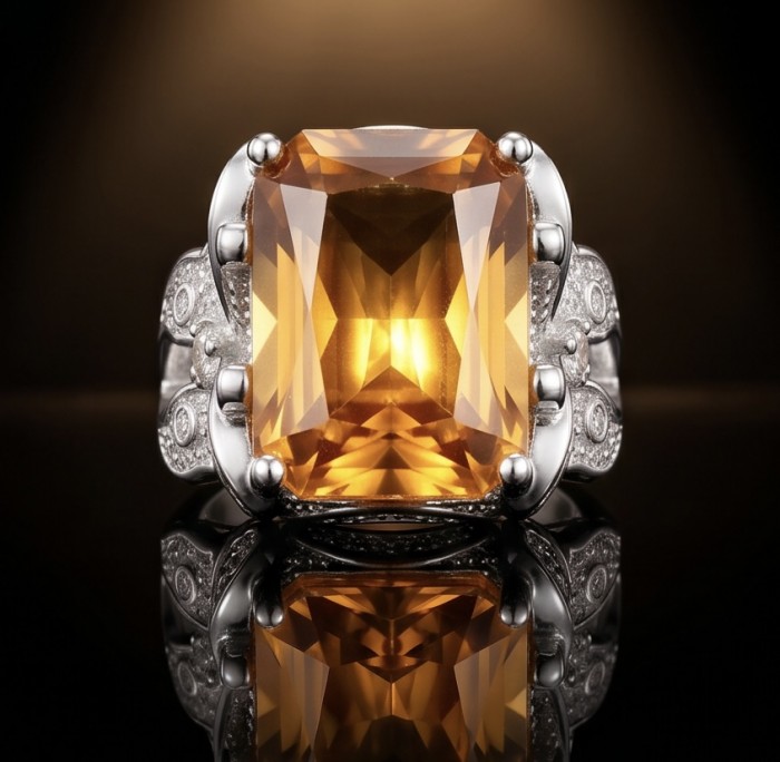 Authentic 10.4 carat Golden Topaz .925 Sterling Silver brilliantly handcrafted Statement Ring size 7 1/2 - Close-up of 10.4 carat golden topaz ring in sterling silver setting