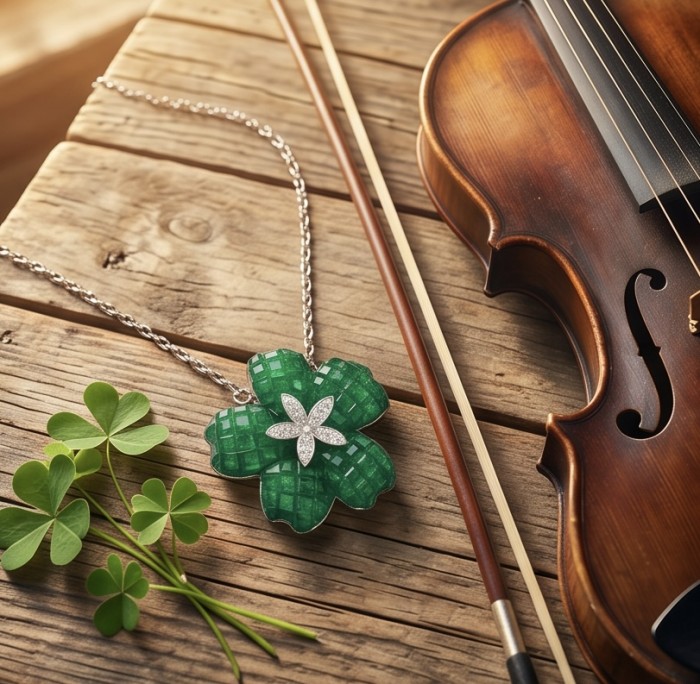 Peace 12.2 carat Graceful Authentic mystery setting Colombian Emerald .925 Sterling Silver handcrafted Statement necklace - Top view of pendant with violin and clovers on wooden surface.