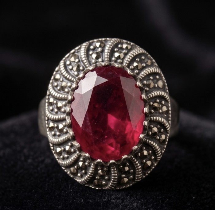 Bloody Red Natural 12.4 carat Ruby .925 Sterling Silver handmade Statement Ring size 10 - Close-up of a Bloody Red 12.4 ct Ruby in .925 Sterling Silver ring