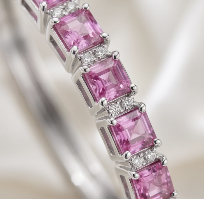 Art Deco Giovanna 7.2 carat Mozambique Ruby .925 Sterling Silver dipped in rhodium Statement Bracelet - Close-up of Art Deco Giovanna ruby bracelet with sterling silver setting