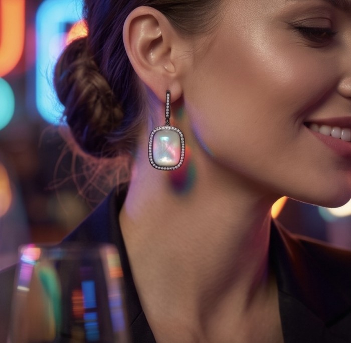 Top quality Sublime Blister Pearl black rhodium over .925 Sterling Silver handcrafted Earrings - Blister Pearl earring in profile, worn on ear, colorful lights reflecting.