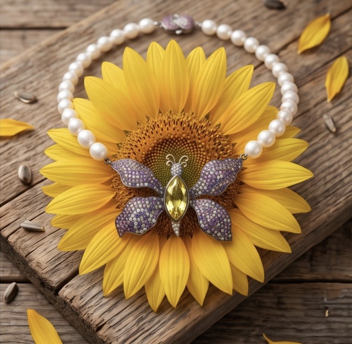 Incredible Butterfly 15.8 Lemon Quarzt Freshwater Pearl 18K Gold over .925 Sterling Silver handmade Large Statement Necklace - Butterfly necklace with pearls on sunflower, top view.