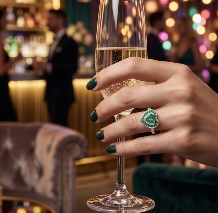 Art deco - My Sweet Heart Natural 4.8 carat Colombian Emerald .925 Sterling Silver Handcrafted Cocktail Ring s. 7 - Emerald heart ring worn on hand, elegant party setting