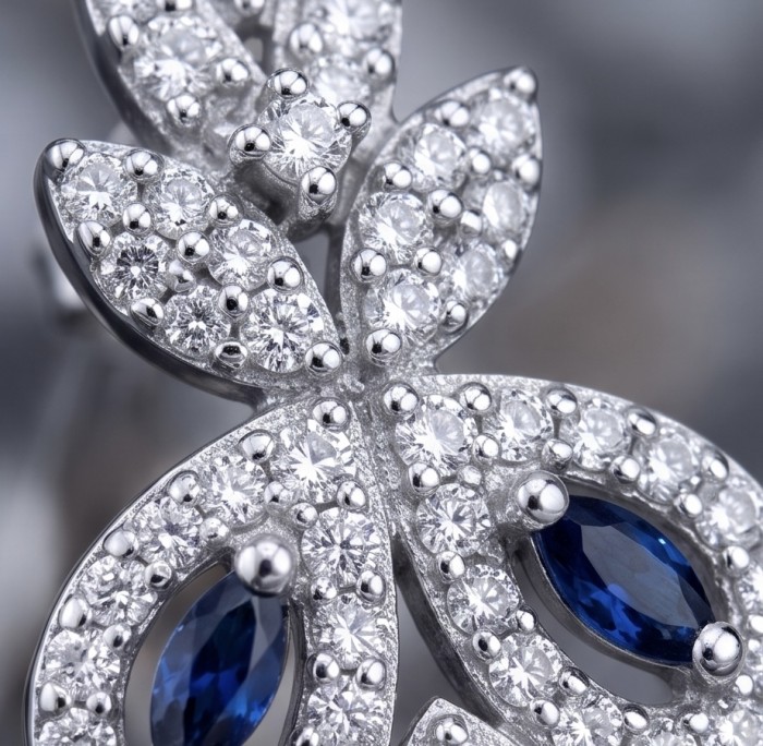 Blue Royalty - art deco - 3.7 carat Sapphire .925 Sterling Silver handcrafted Statement earrings - Close-up of art deco sapphire and diamond sterling silver jewelry