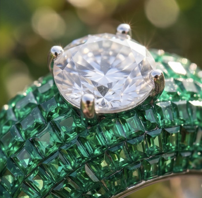 Born to Glam mystery setting 14.2 carat natural Emerald .925 Sterling Silver Perfectly handcrafted Ring s. 7 - Close-up of Born to Glam emerald and diamond ring.