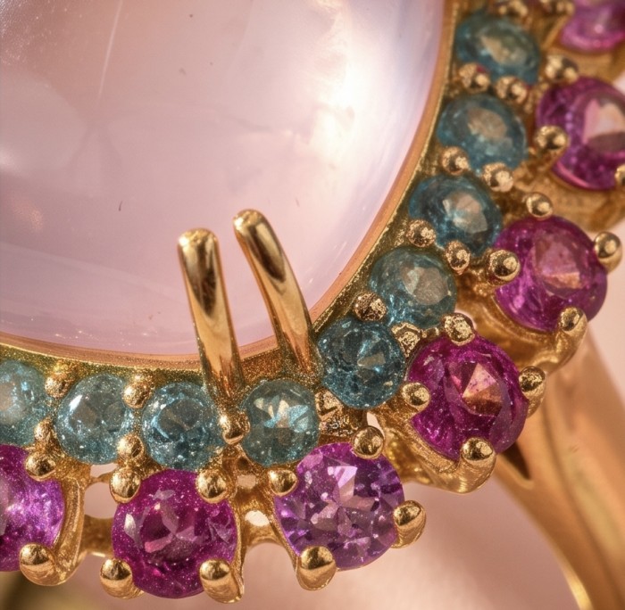Scarlett 12.9 carat Rose Quartz 18K Rose Gold over .925 Sterling Silver handcrafted Statement Ring size 7 - Close-up of Scarlett Rose Quartz ring with blue and pink accent stones
