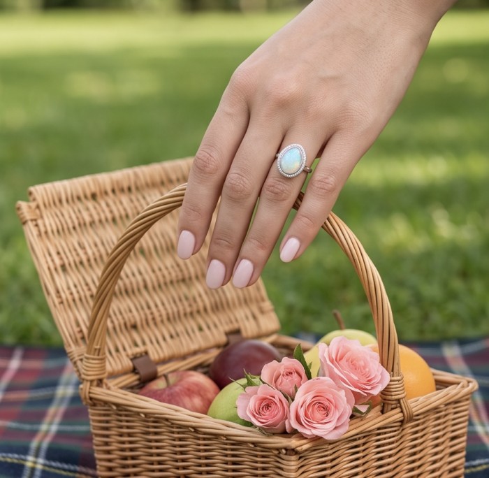 Endless Ocean Genuine 17.5 carat doublet Australian Opal .925 Sterling Silver handmade Ring size 6 - Endless Ocean Australian Opal ring worn on hand with picnic basket.