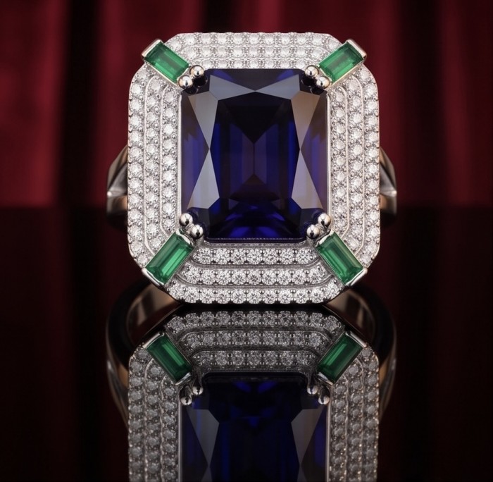 Julietta 15.5 carat Sapphire .925 Sterling Silver handmade Statement ring size 7 1/4 - Close-up of Julietta 15.5 carat Sapphire ring in sterling silver.