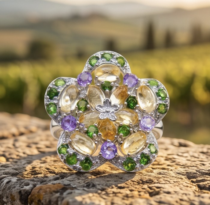 Giovanna - Authentic 14.9 carat Brazilian Citrine .925 Sterling Silver dipped in rhodium brilliantly handcrafted Ring size 8 3/4 - Close-up of flower-shaped ring with citrine and colorful gemstones.