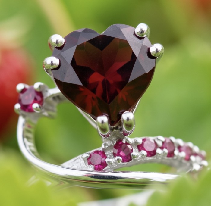 Red Heart 4.8 carat natural Garnet rhodium over .925 Sterling Silver Handcrafted Ring size 7 - Close-up of red heart garnet ring with smaller stones in rhodium setting.