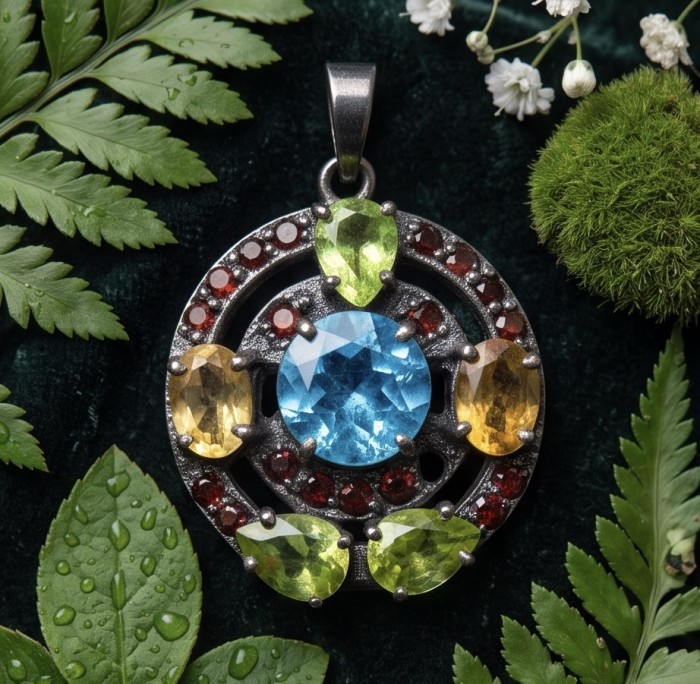 Colors of the Earth Precious 24.5 carat Multigem .925 Sterling Silver dipped in black rhodium Pendant - Colorful gemstone pendant with leafy background, top view.