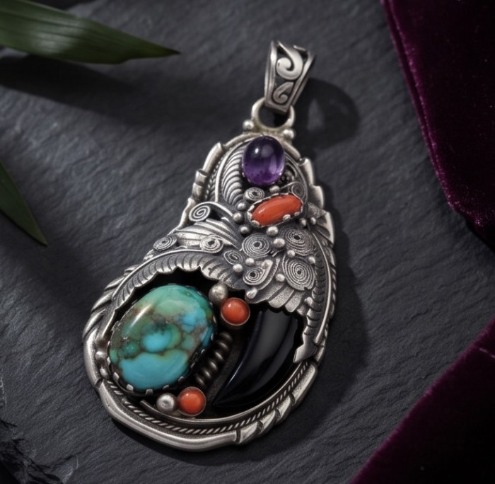 Go West - One of a kind - Morenci Turquoise fossilize Coral .925 Sterling Silver handmade pendant - Pendant with turquoise and colorful stones on slate background