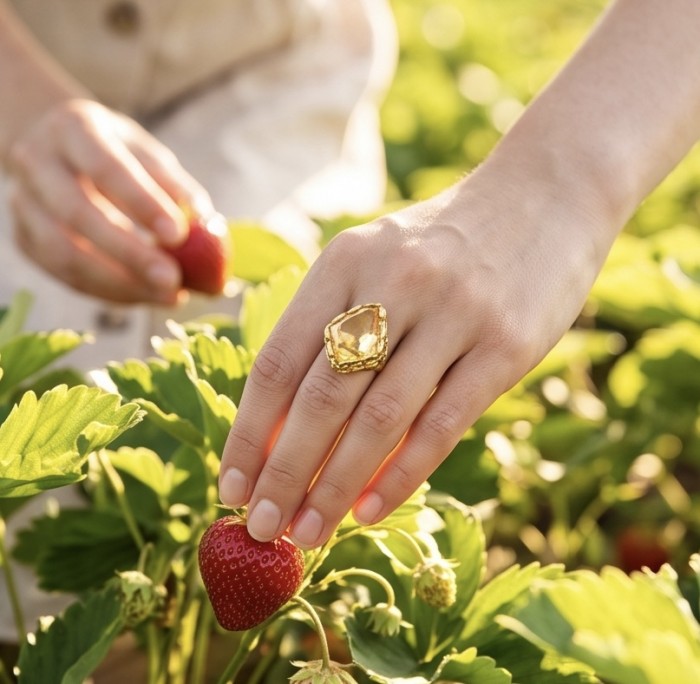 Costa del Sol Authentic 23.8 carat Lemon Quartz 18K Gold over .925 Sterling Silver handmade Ring s. 10 - Hand wearing Costa del Sol 23.8 ct Lemon Quartz Gold Ring with strawberries.