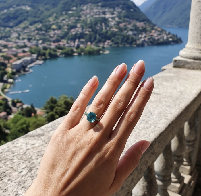 Angelina 8.9 carat authentic Aquamarine 14K Gold over .925 Sterling Silver Handcrafted Ring size 6 1/4 - Aquamarine ring worn on hand with scenic lake and mountains in background.