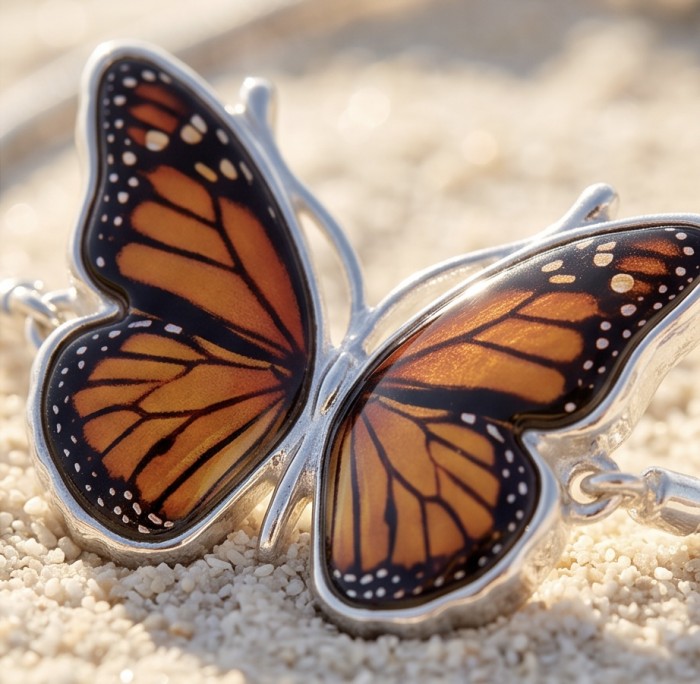 Golden Butterfly Genuine carved Baltic Amber rhodium over .925 Sterling Silver handamde Bracelet - Close-up of golden butterfly amber pendant on sand surface