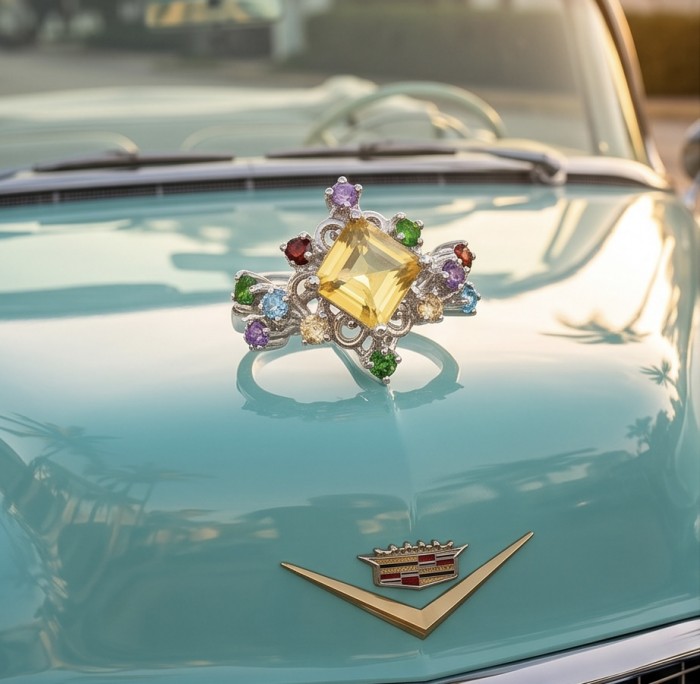 Victoria 5.2 carat Brazilian Citrine .925 Sterling Silver dipped in 14K Gold handcrafted ring; s. 8 3/4 - Victoria ring close-up on vintage car hood with colorful gemstones