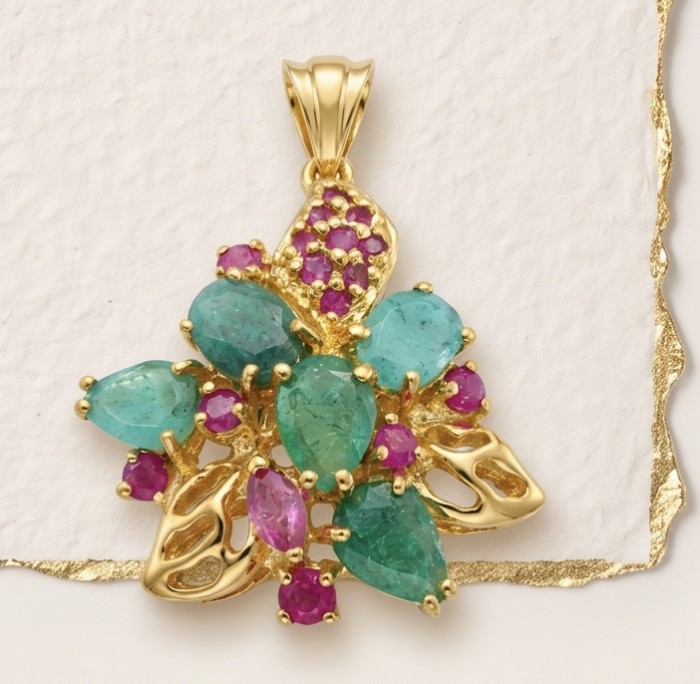 Amazonia - 12.8 carat Colombian Emerald 18k Gold over .925 Sterling Silver handmade Statement pendant - Pendant close-up: Colombian emeralds with ruby accents in gold setting