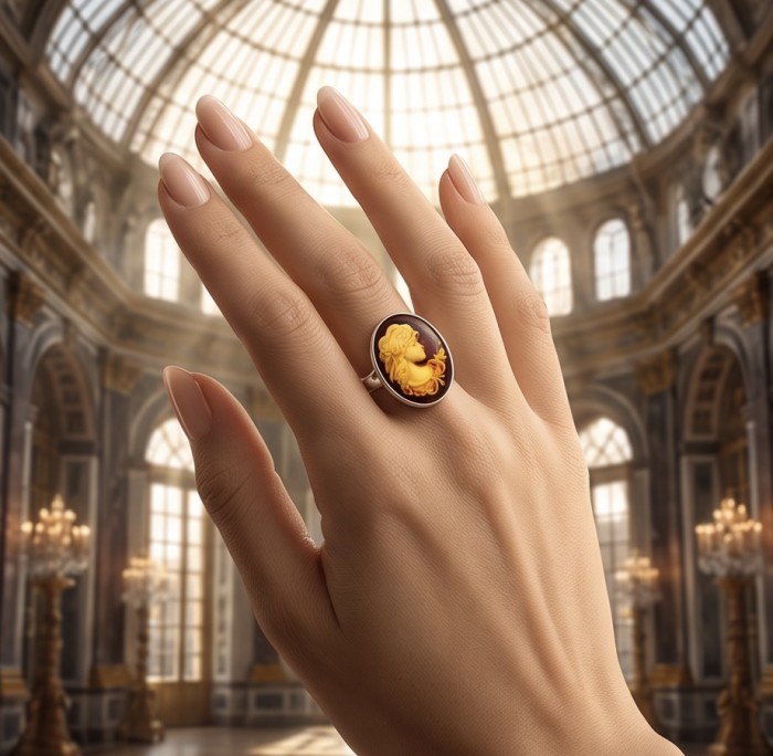 Beautiful Authentic Cameo carved Baltic Amber .925 Sterling Silver handcrafted ring; s. 7 adjustable - Cameo amber ring worn on hand in elegant setting, overhead view.
