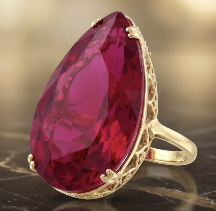 Carmen Natural 25.4 carat Ruby .925 Sterling Silver dipped in 22K Gold handmade Large Statement Ring size 6 1/4 - Close-up of Carmen Ruby ring in gold-toned sterling silver setting