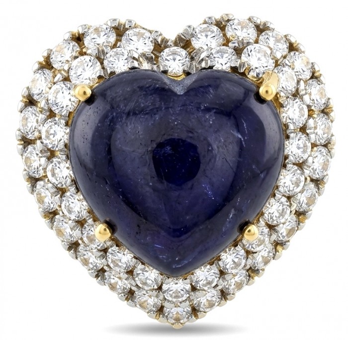 Blue Angel's Heart - Iconic design - Genuine 22.5 carat Sapphire .925 Sterling Silver dipped in 22K Gold handcrafted Ring size 6 - Heart-shaped sapphire brooch with diamond surround, close-up view.