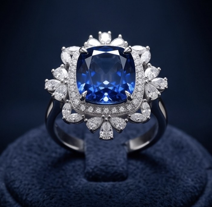 Classy design - baquette cut 8.7 carat natural Sapphire .925 Sterling Silver Perfectly handcrafted Ring s. 9 - Front view of classy baquette cut 8.7 carat sapphire ring.