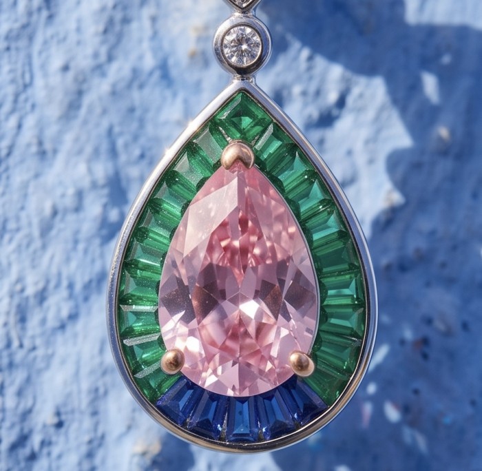 Emily - Art Deco - Precious genuine 12.2 carat Kunzite rhodium over .925 Sterling Silver 2 tones handcrafted earrings - Close-up of teardrop kunzite pendant with green and blue accents