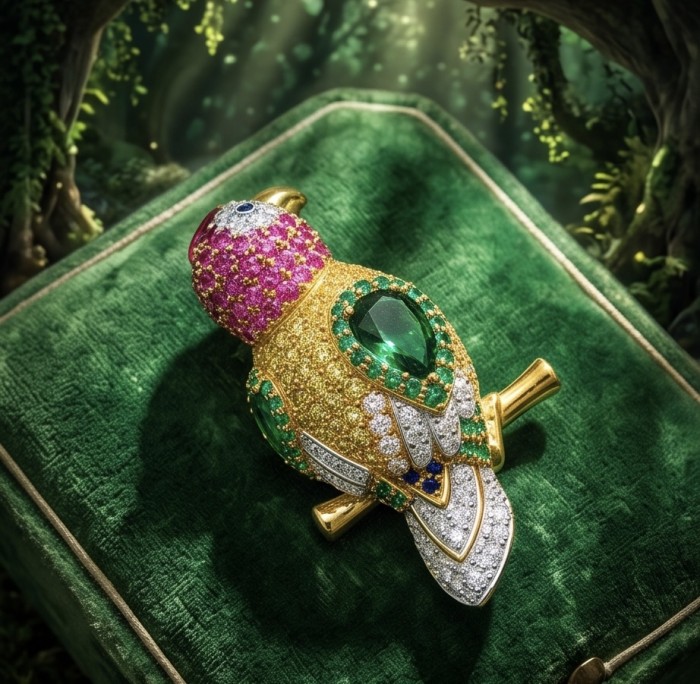Exotic Parrot - 10.8 carat pave Ruby Emerald Sapphire 22K Gold over .925 Sterling Silver rhodium over handcrafted Brooch - Exotic Parrot brooch with rubies and emeralds on green velvet background.