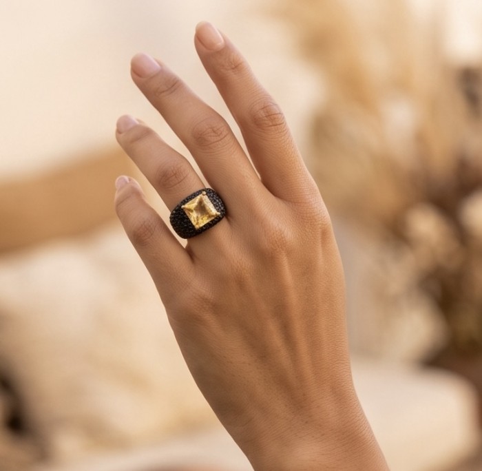 Solid 6.8 carat asscher Yellow Sapphire 4.5 carat pave black Sapphire 18K Gold over .925 Sterling Silver handcrafted ring size 9 - Yellow sapphire and black pave ring worn on hand, side view.