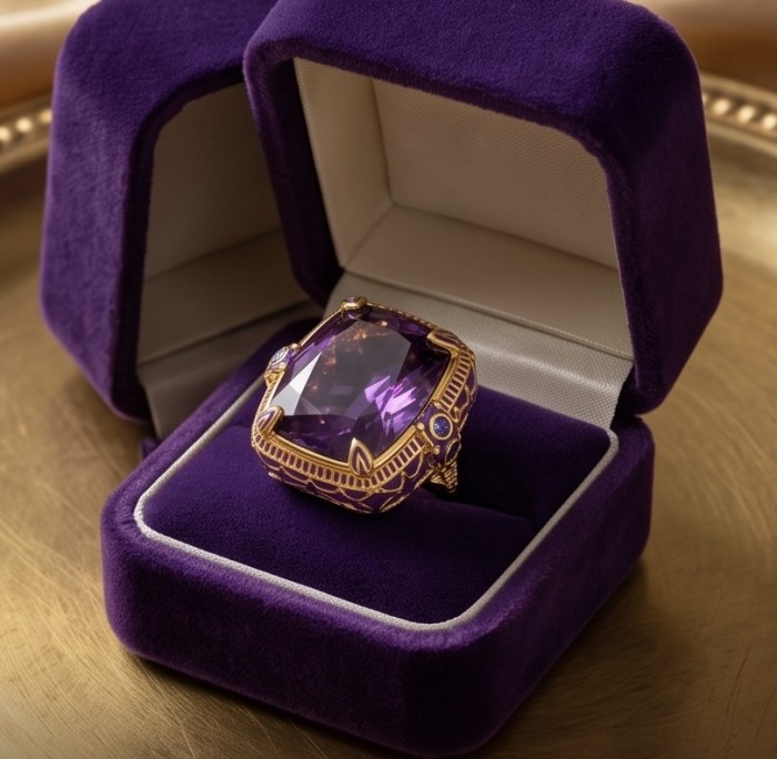 The Spirit of Athens 27.5 CARAT Amethyst Enamel .925 Sterling Silver dipped in 18K Gold Handcrafted Ring size 7 - Amethyst ring in box, top view, showcasing stone and setting.