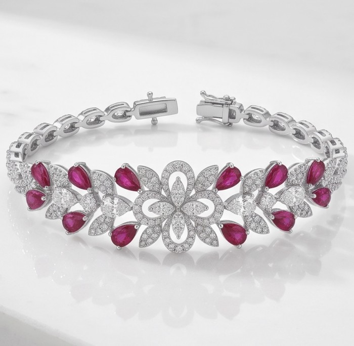 Luxurious 28.7 carat natural Mozambique Ruby rhodium over .925 Sterling Silver .925 Sterling Silver handcrafted Statement Bracelet - photo 4