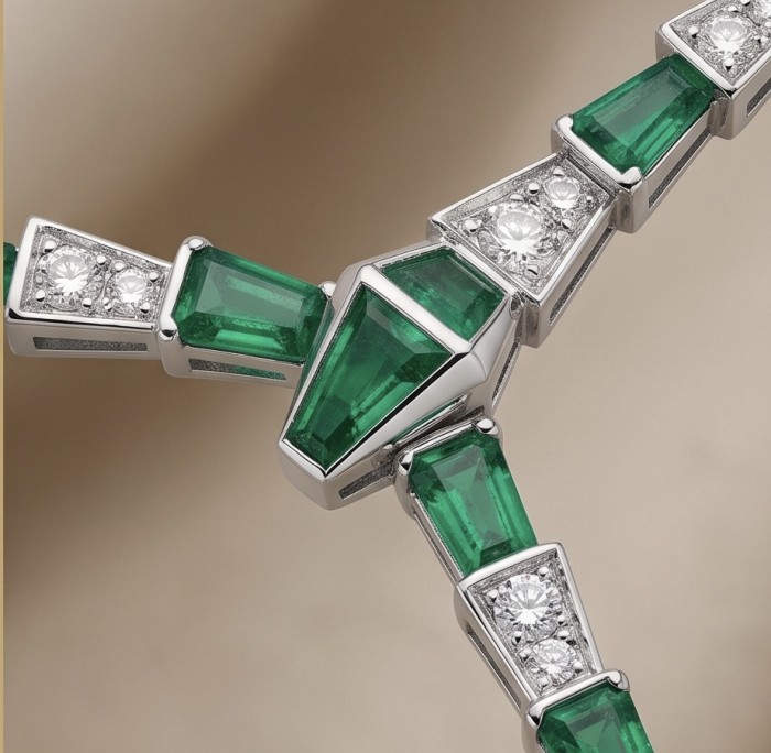Snake - Iconic design - genuine INLAY MALACHITE .925 Sterling Silver dipped in Rhodium handcrafted Necklace - Close-up of geometric emerald and diamond inlay on .925 silver necklace