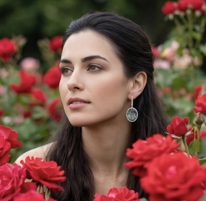 Mystery 22.5 carat Grandidierite .925 Sterling Silver Handcrafted Earrings - Woman wearing Grandidierite earrings, surrounded by red roses.
