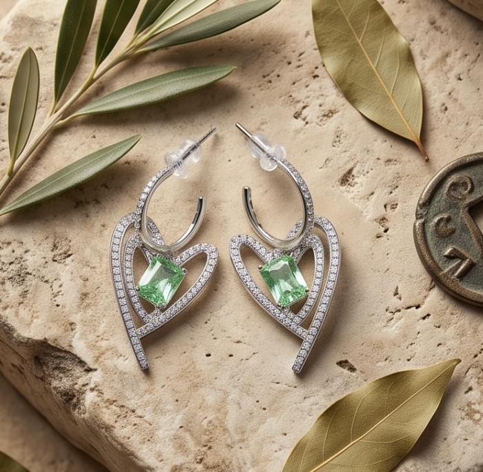 Luxurious 4.9 carat authentic Himalayan Peridot .925 Sterling Silver dipped in rhodium Handcrafted Statement Earrings - Elegant earrings with Peridot on stone background, top view.