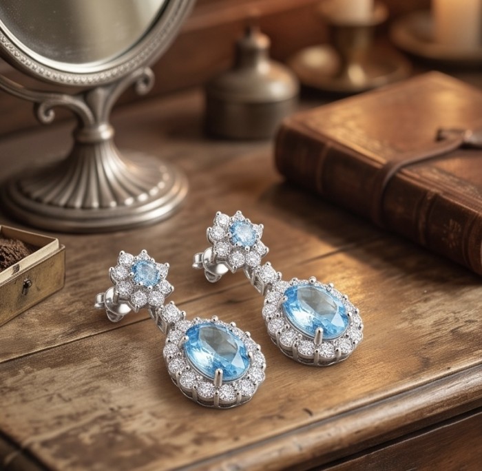 Royalty 9.5 carat genuine Swiss Blue Topaz .925 Sterling Silver handmade Statement Handcrafted earrings - Earrings with blue topaz on a wooden surface, side view.