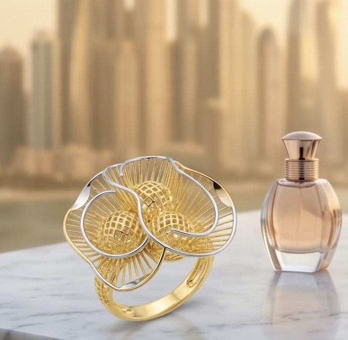 GOLDEN ROSE - Dubai Style - .925 Sterling Silver dipped in 22K Gold handmade Large ring size 7 - Golden ring with intricate design on marble surface beside perfume bottle.
