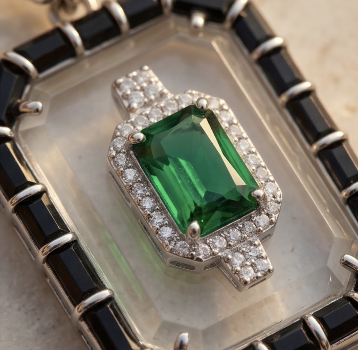 Art Deco - Magnificent Jewel 6.5 carat Colombian Emerald Enamel .925 Sterling Silver dipped in Rhodium handcrafted earrings - Close-up of Art Deco Colombian emerald pendant with diamonds.