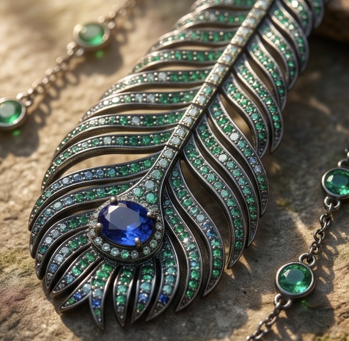Precious Magic Feather 4.2 carat Sapphire 2.8 carata pave Emerald .925 Sterling Silver dipped in black rhodium Statement Necklace - Close-up of sapphire and emerald feather-shaped pendant.