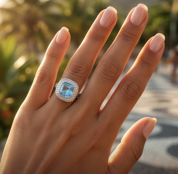 Aqua 10.5 carat Swiss Blue Topaz rhodium over .925 Sterling Silver handcrafted ring size 8 - Swiss Blue Topaz ring worn on hand, showing front view in sunlight.
