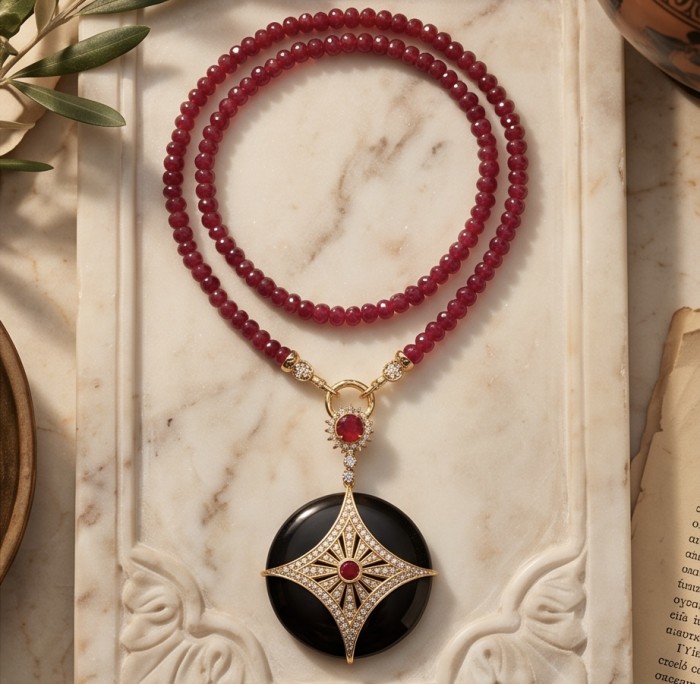 Celtic Cross Authentic Onyx 25.2 Carat Ruby .925 Sterling Silver dipped in 14K Gold handcrafted necklace - Necklace with onyx and ruby pendant on marble background, top view.