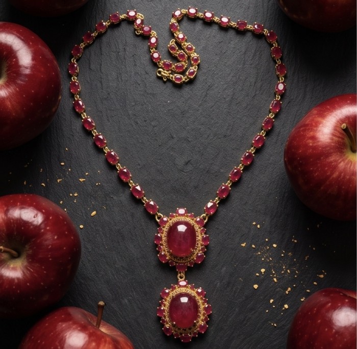 RARE BEAUTY Valentina 88.2 carat Mozambique Ruby 22K Gold .925 Sterling Silver Statement Necklace - Necklace with 88.2ct Mozambique rubies on dark surface with apples.