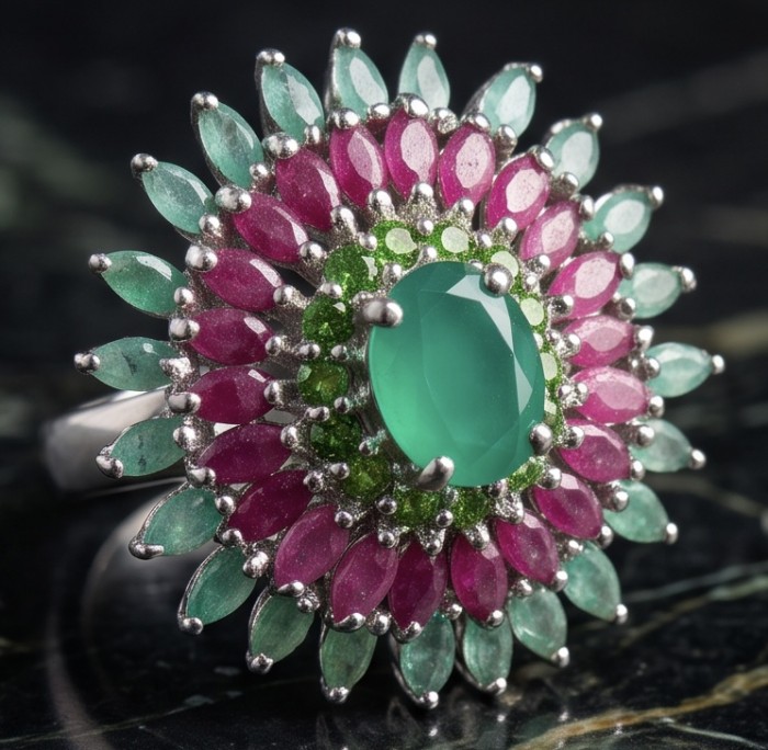 Giovanna 4.5 carat Emerald 2.7 carat Ruby rhodium over .925 Sterling Silver handcrafted ring size 9 - Stone close-up of Giovanna emerald and ruby rhodium ring.