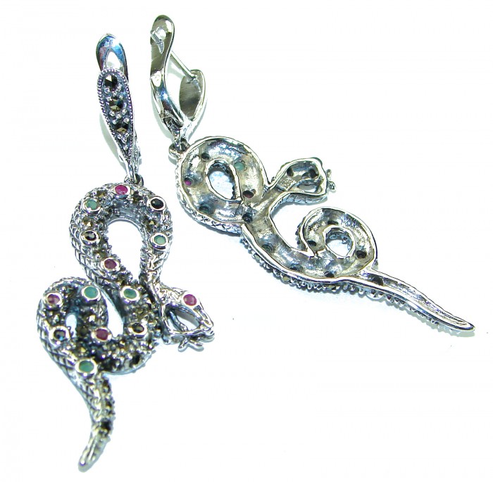Snakes Ruby Emerald Sapphire .925 Sterling Silver Earrings - photo 1