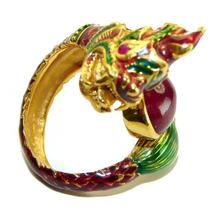 Dragon - symbolizes supernatural power- Enamel Ruby 18K Gold over .925 Sterling Silver Huge handcrafted Ring s. 8 - photo 3