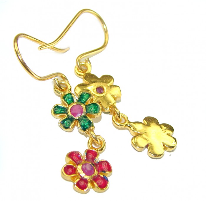 Golden Flowers Genuine Ruby Enamel 14K Gold over .925 Sterling Silver handcrafted Earrings - photo 1