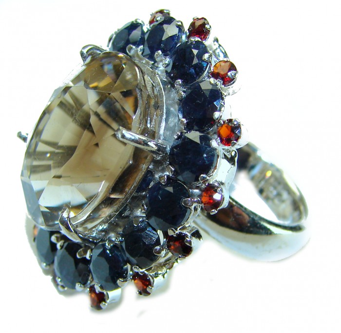 Egyptian Night 18.5 carat Champagne Smoky Topaz Sapphire .925 Sterling Silver Ring size 6 - photo 1