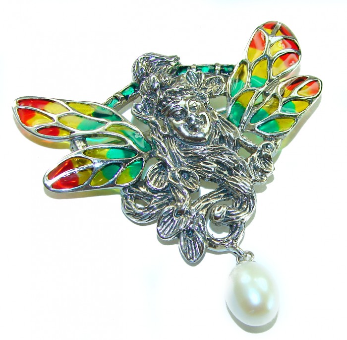 Mother Nature genuine Enamel Pearl .925 Sterling Silver handmade Pendant - Brooch - Fairy brooch with colorful wings and pearl drop, front view.