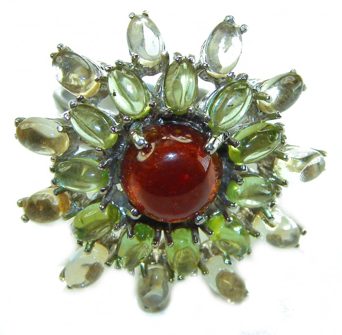 Bella Rosa Natural 18.4 carat Ruby .925 Sterling Silver handmade Large Statement Ring size 9 1/4 - Close-up of Bella Rosa Ruby with green gemstones in sterling silver setting