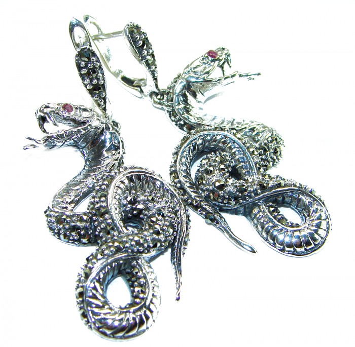 Cobra Snakes Ruby Marcasite .925 Sterling Silver handcrafted Earrings - Close-up of cobra snake earrings with ruby accents in sterling silver.